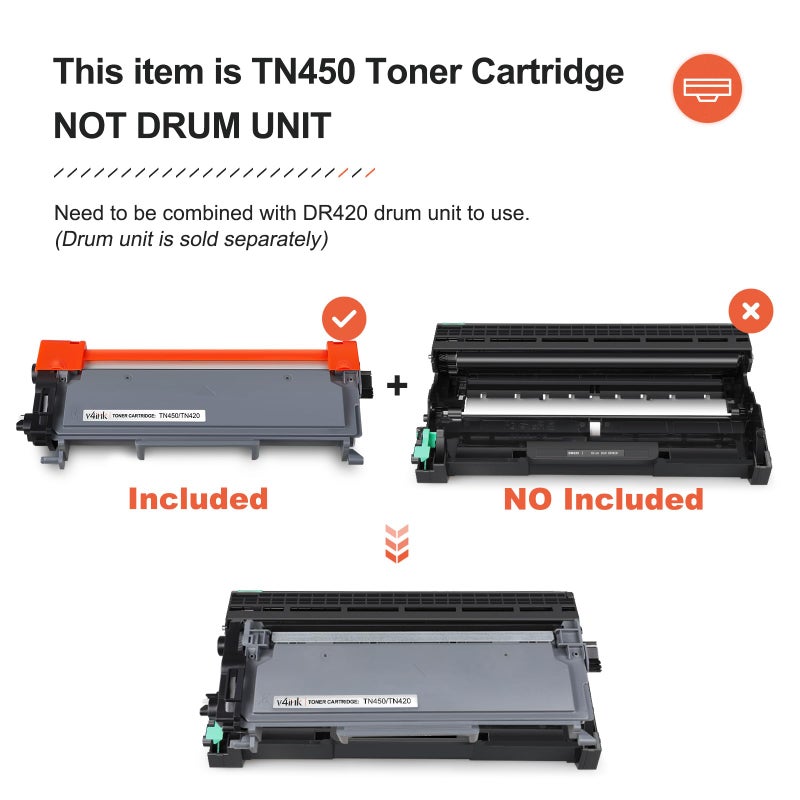 v4ink Compatible TN450 Toner Cartridge Replacement for Brother TN450 TN420 Toner Cartridge High Yield Use for HL-2240d HL-2270dw HL-2280dw MFC-7360n MFC-7860dw IntelliFax 2840 2940 Printer 2 Packs - Image 3